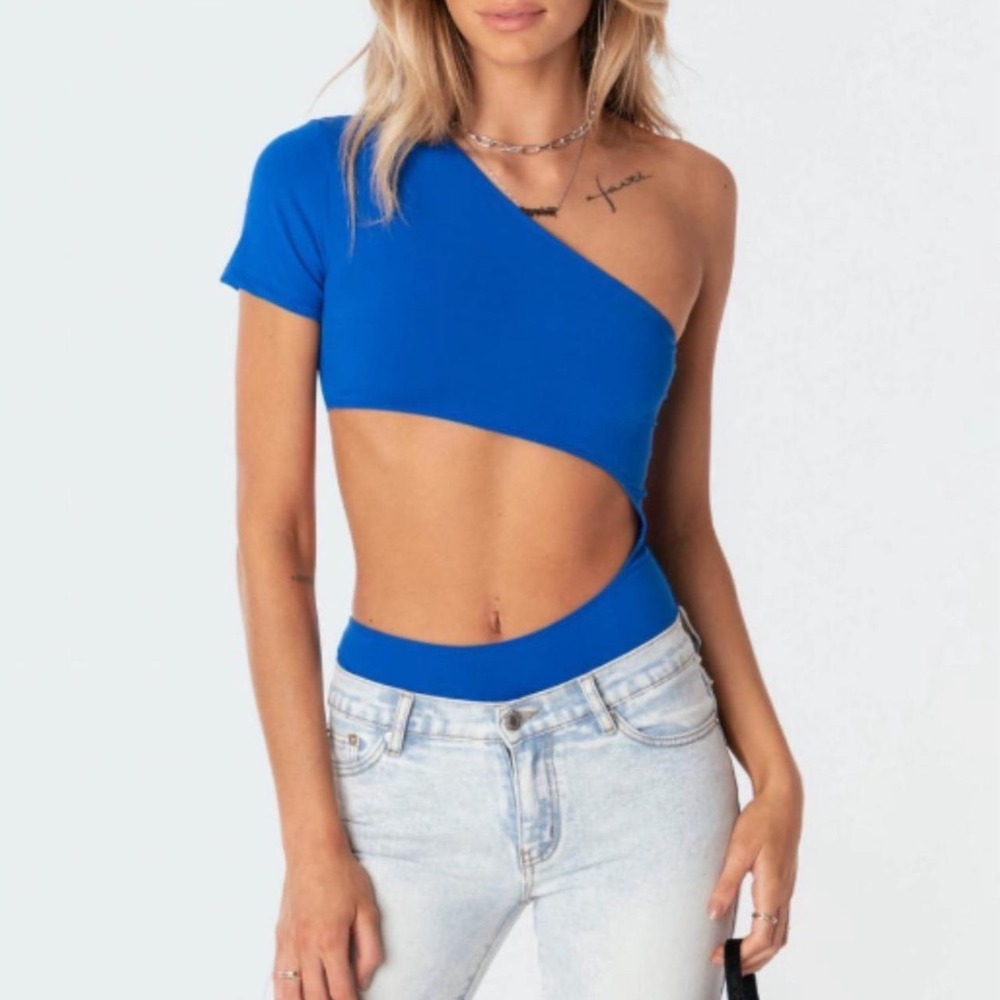 Edikted Blue One Shoulder Cutout Bodysuit XS Short Sleeve Asymmetrical One Piece